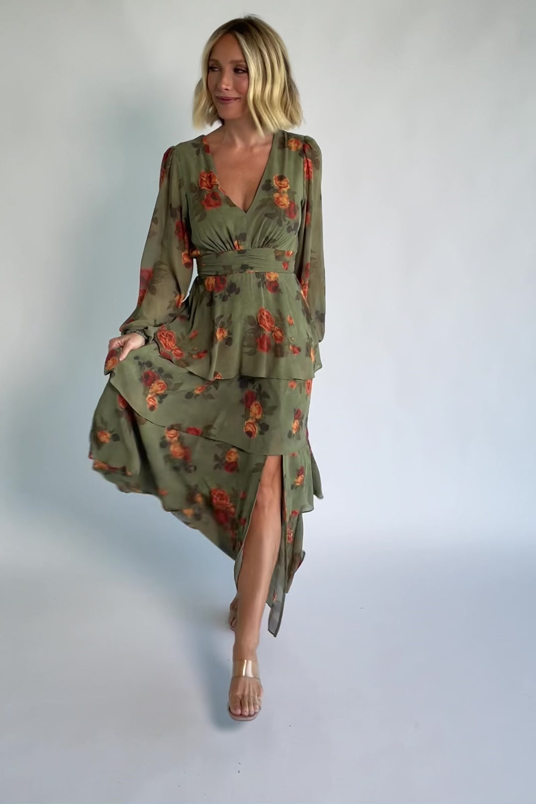 Mariella Tiered Maxi Dress in Dark Sage Floral with V-neckline, long puff sleeves, smocked back, and cascading ruffles.