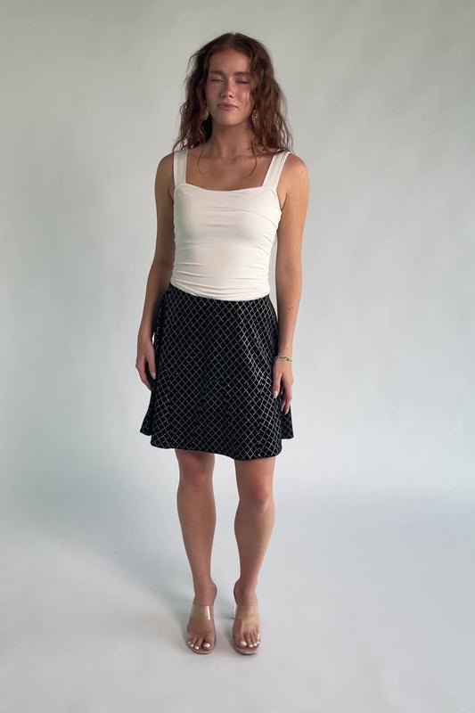 Michelle Flare Skirt in Black with rhinestone embellishments, elastic waistband, and flared silhouette.