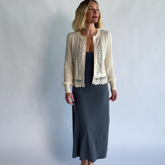 Bethany Pointelle Cardigan in Cream with pointelle knit detailing, a button-front design, and scalloped trim.
