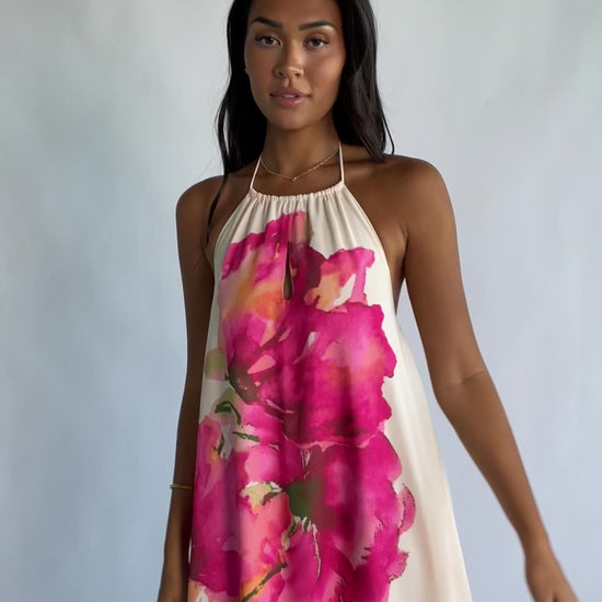 Catalina Halter Maxi Dress in Off White Multi Floral with halter neckline and flowing maxi-length silhouette.