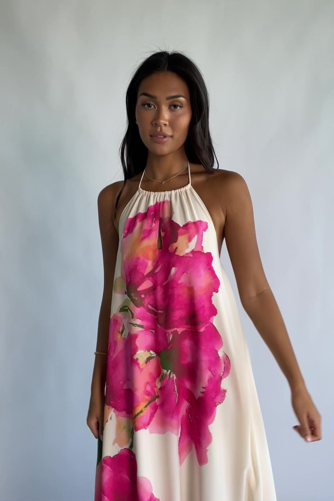 Catalina Halter Maxi Dress in Off White Multi Floral with halter neckline and flowing maxi-length silhouette.