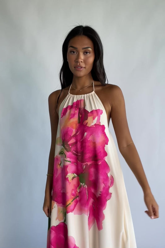 Catalina Halter Maxi Dress in Off White Multi Floral with halter neckline and flowing maxi-length silhouette.