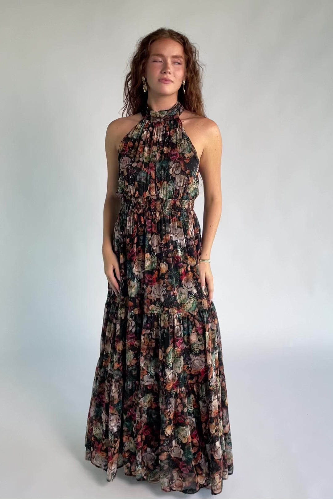 Pulitzer Maxi Dress in Black Multi Floral with halter neckline, smocked waist, tie-back detail, and tiered chiffon skirt.