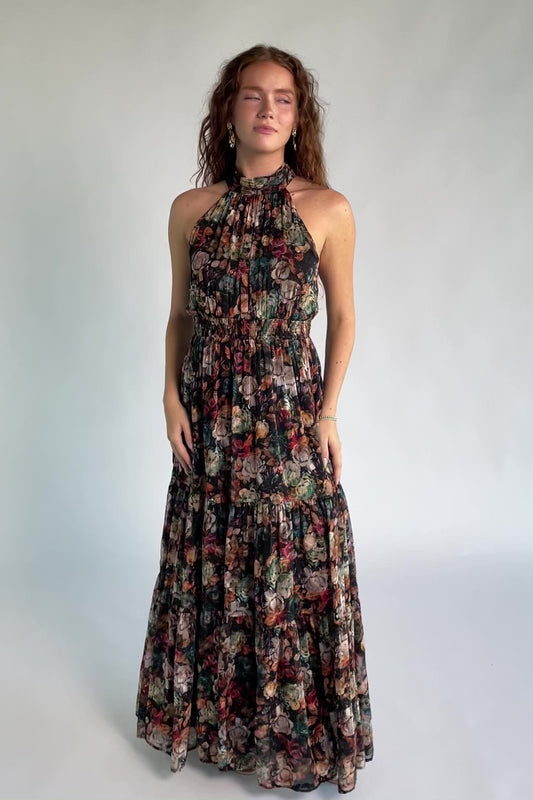 Pulitzer Maxi Dress in Black Multi Floral with halter neckline, smocked waist, tie-back detail, and tiered chiffon skirt.