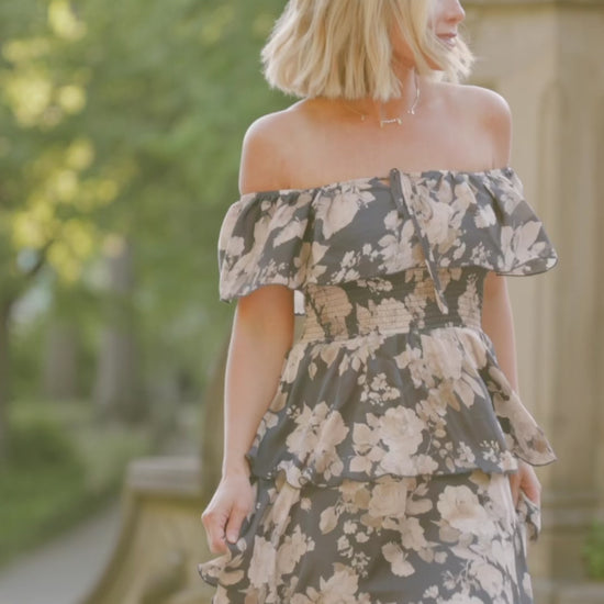 Isabelle Off Shoulder Maxi Dress in Multi Floral with elastic neckline, ruffle bust, smocked waist, and four-tiered skirt.