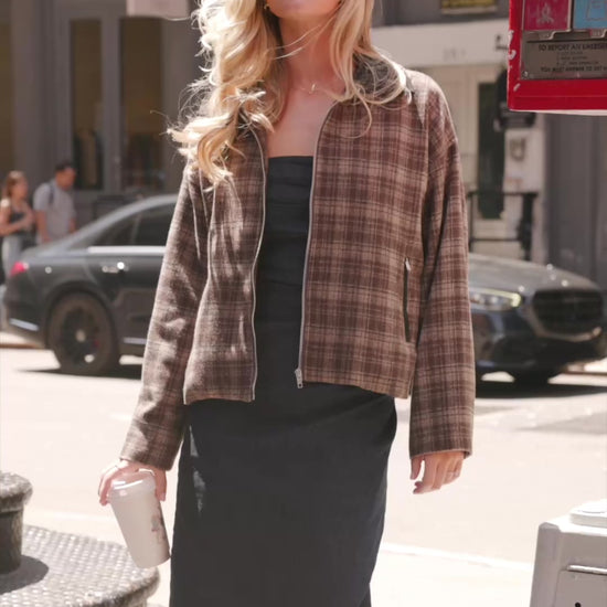 Harvard Jacket in Brown Plaid with contrast suede collar, zip front, long sleeves, zip pockets, and cropped silhouette.