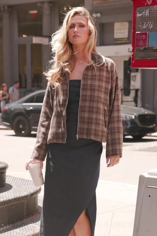 Harvard Jacket in Brown Plaid with contrast suede collar, zip front, long sleeves, zip pockets, and cropped silhouette.