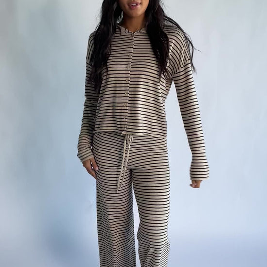 Charlene Cozy Stripe Lounge Set in Oatmeal + Brown with striped pattern and coordinating top and pants.