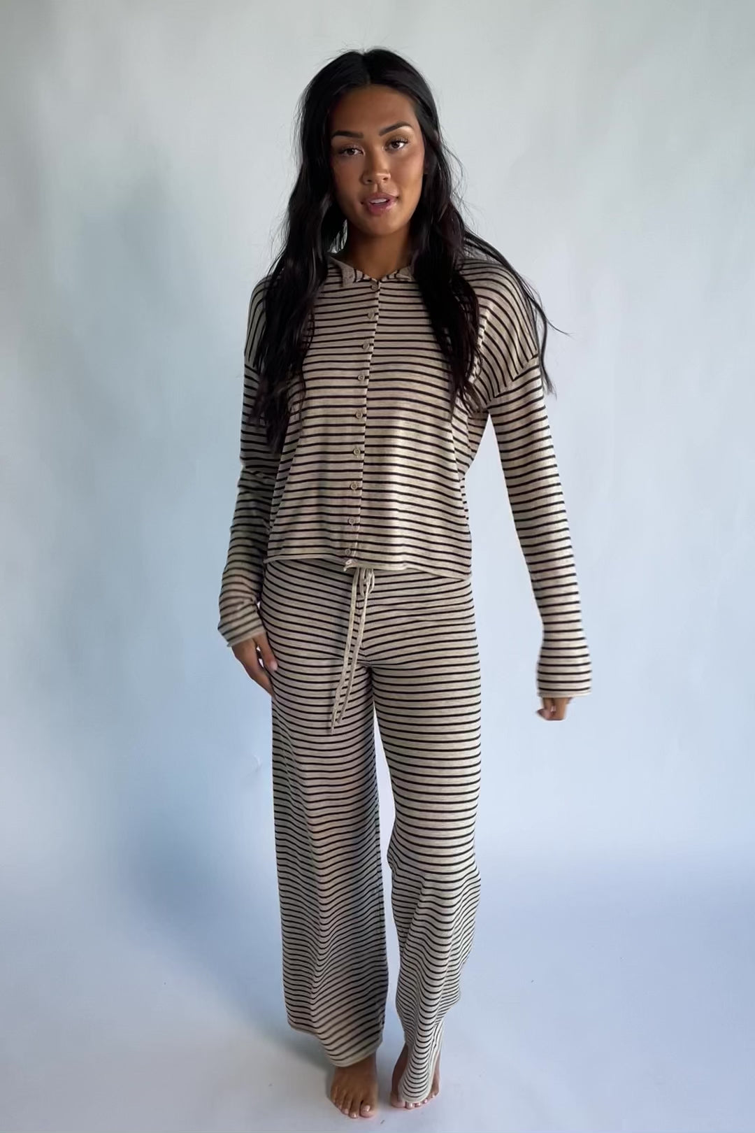 Charlene Cozy Stripe Lounge Set in Oatmeal + Brown with striped pattern and coordinating top and pants.