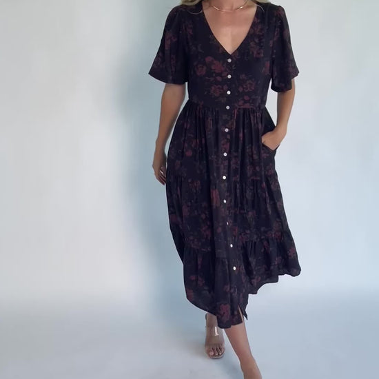 Annelise Midi Dress in Deep Plum with brown undertones, button-front V-neck, puff sleeves, and tiered midi skirt.