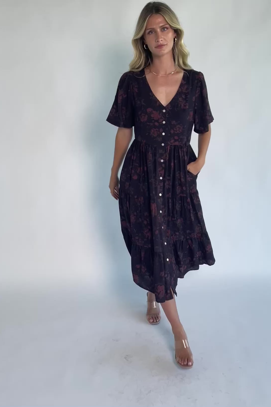 Annelise Midi Dress in Deep Plum with brown undertones, button-front V-neck, puff sleeves, and tiered midi skirt.