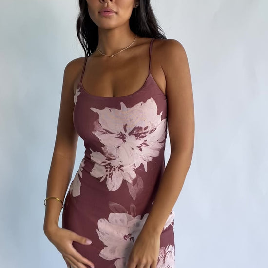 Raelynne Mesh Midi Dress in Dusty Mauve Floral with a scoop neckline, adjustable straps, and a flowing floral print.