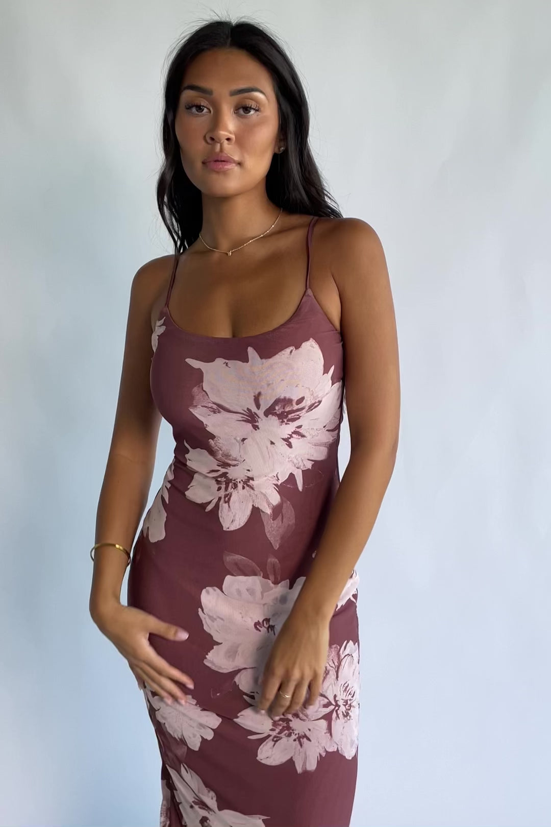 Raelynne Mesh Midi Dress in Dusty Mauve Floral with a scoop neckline, adjustable straps, and a flowing floral print.