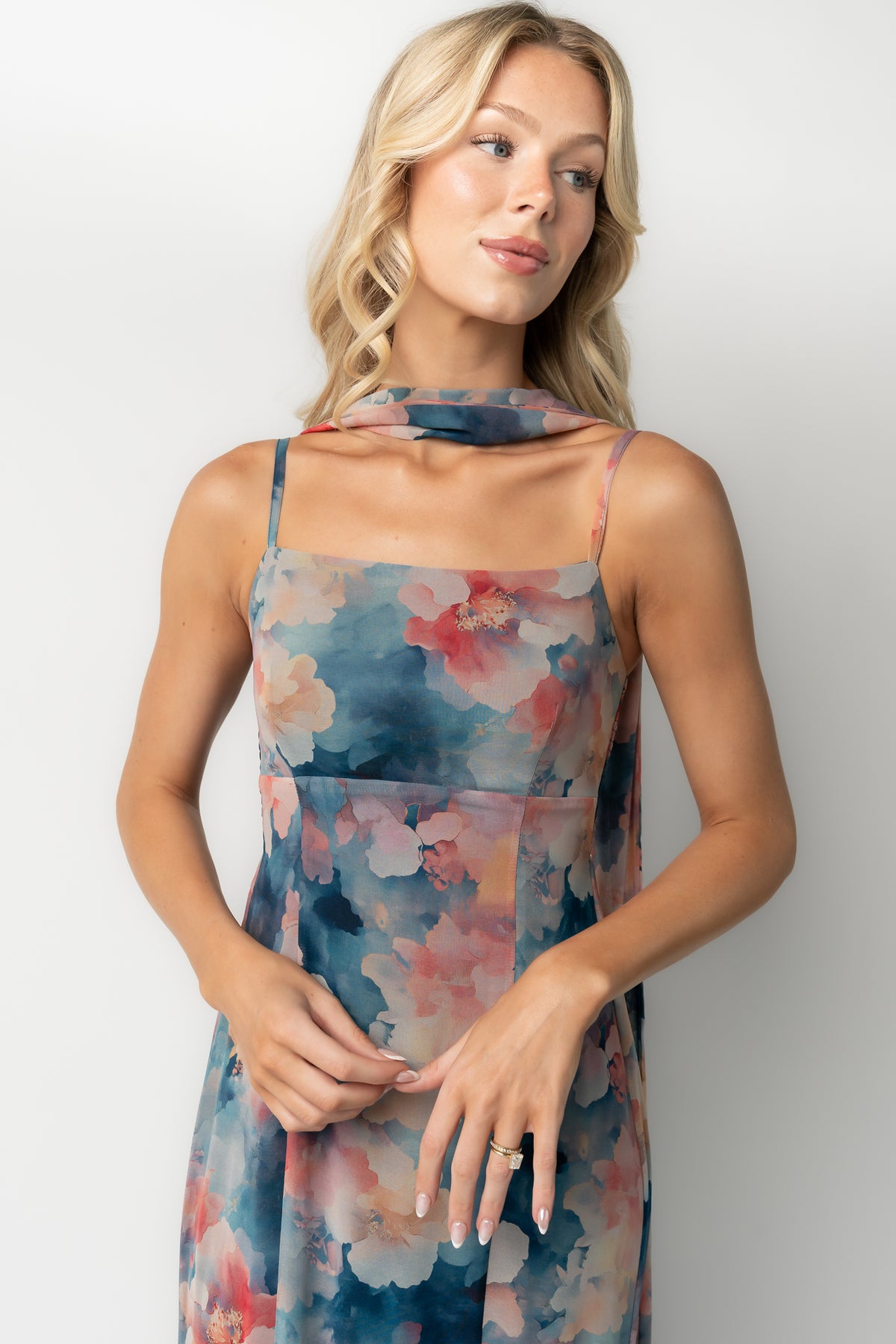 Province Maxi Dress in Blue Multi with a multicolored design and maxi-length silhouette.