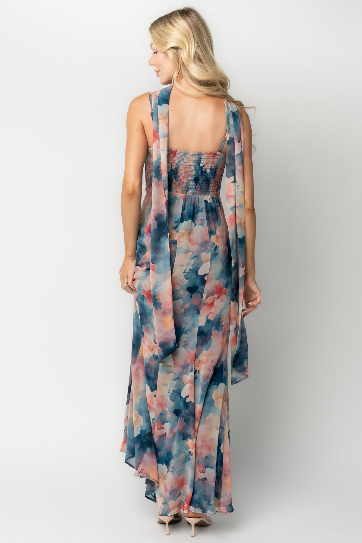 Province Maxi Dress in Blue Multi with a multicolored design and maxi-length silhouette.
