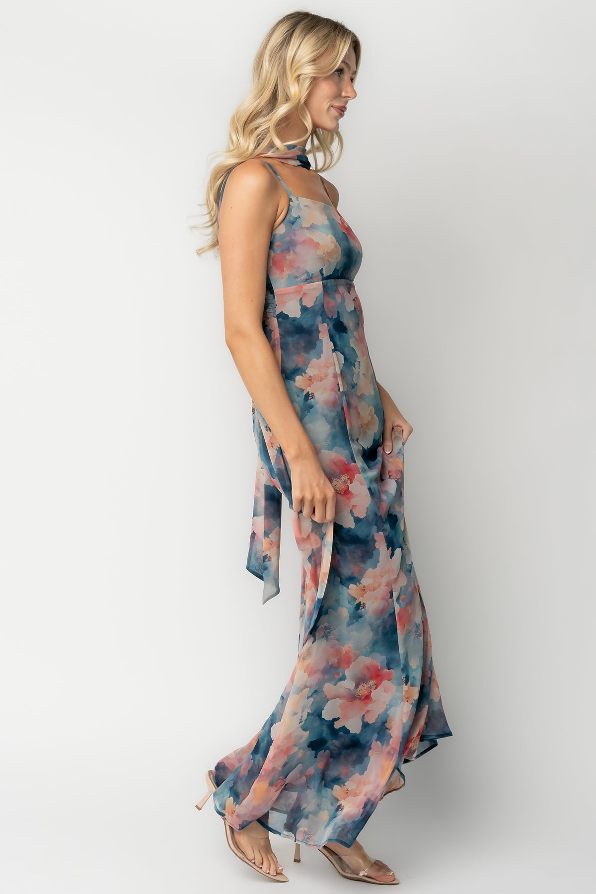 Province Maxi Dress in Blue Multi with a multicolored design and maxi-length silhouette.