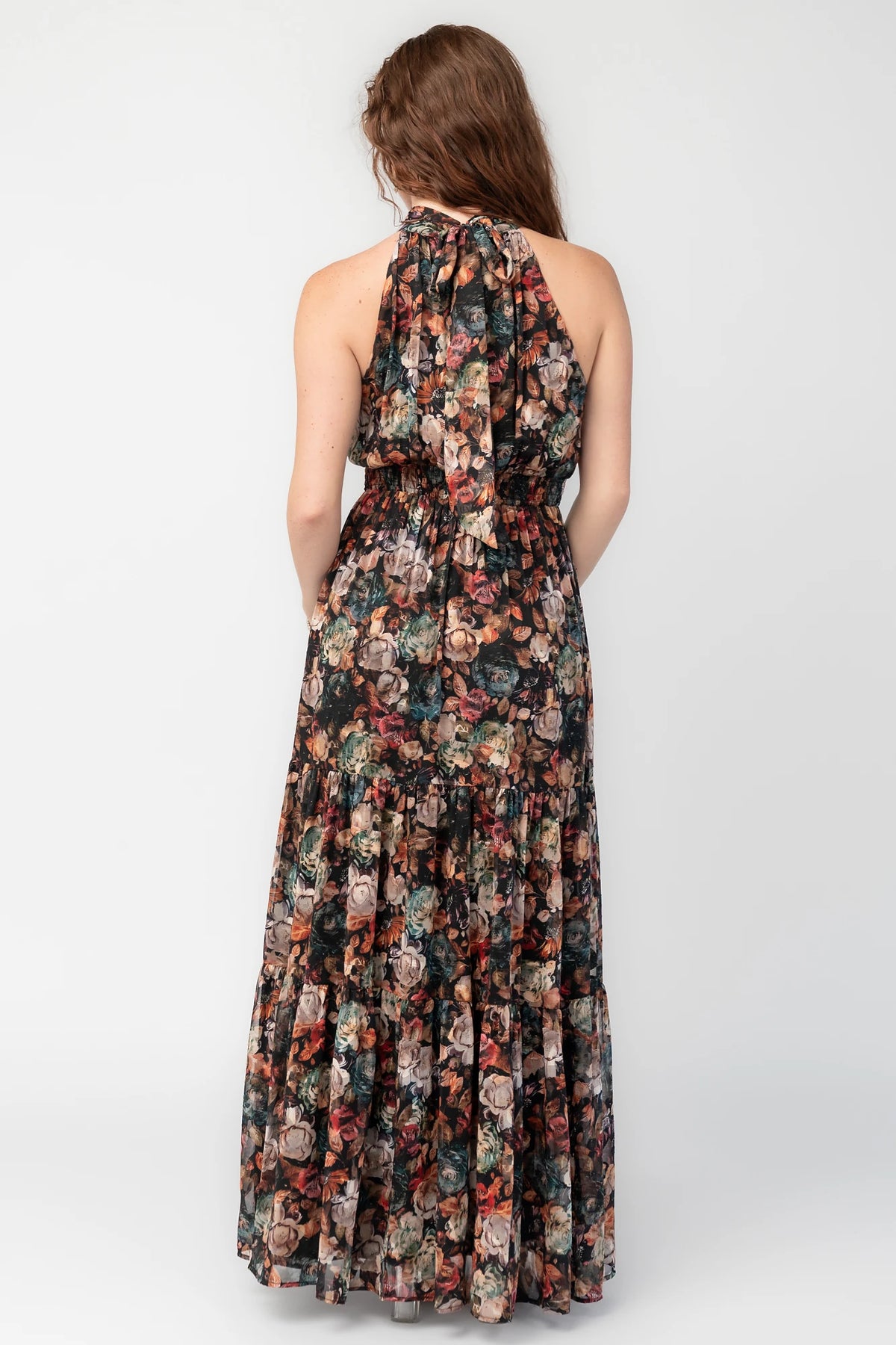 Pulitzer Maxi Dress in Black Multi Floral with halter neckline, smocked waist, tie-back detail, and tiered chiffon skirt.