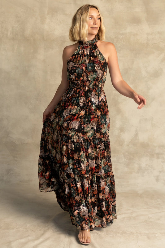 Pulitzer Maxi Dress in Black Multi Floral with halter neckline, smocked waist, tie-back detail, and tiered chiffon skirt.