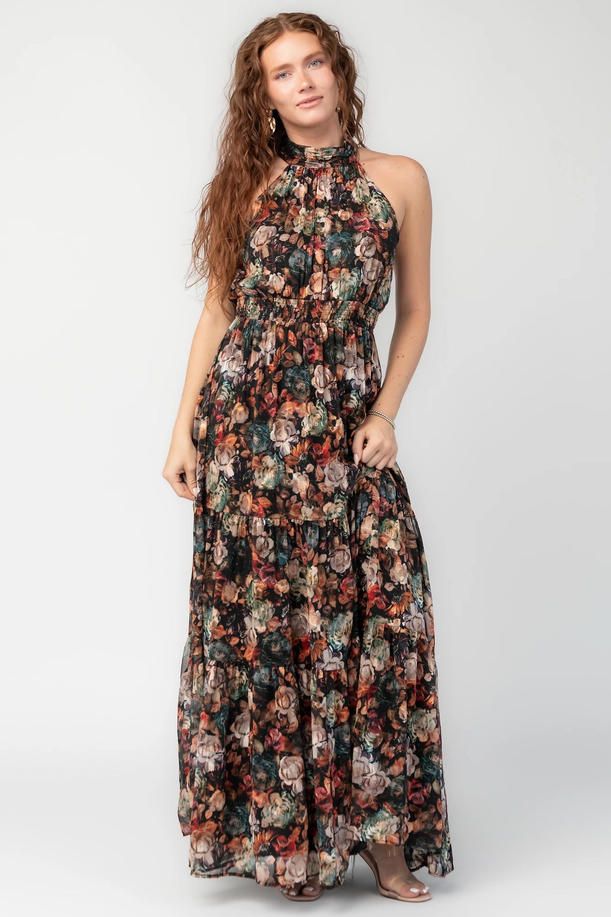Pulitzer Maxi Dress in Black Multi Floral with halter neckline, smocked waist, tie-back detail, and tiered chiffon skirt.