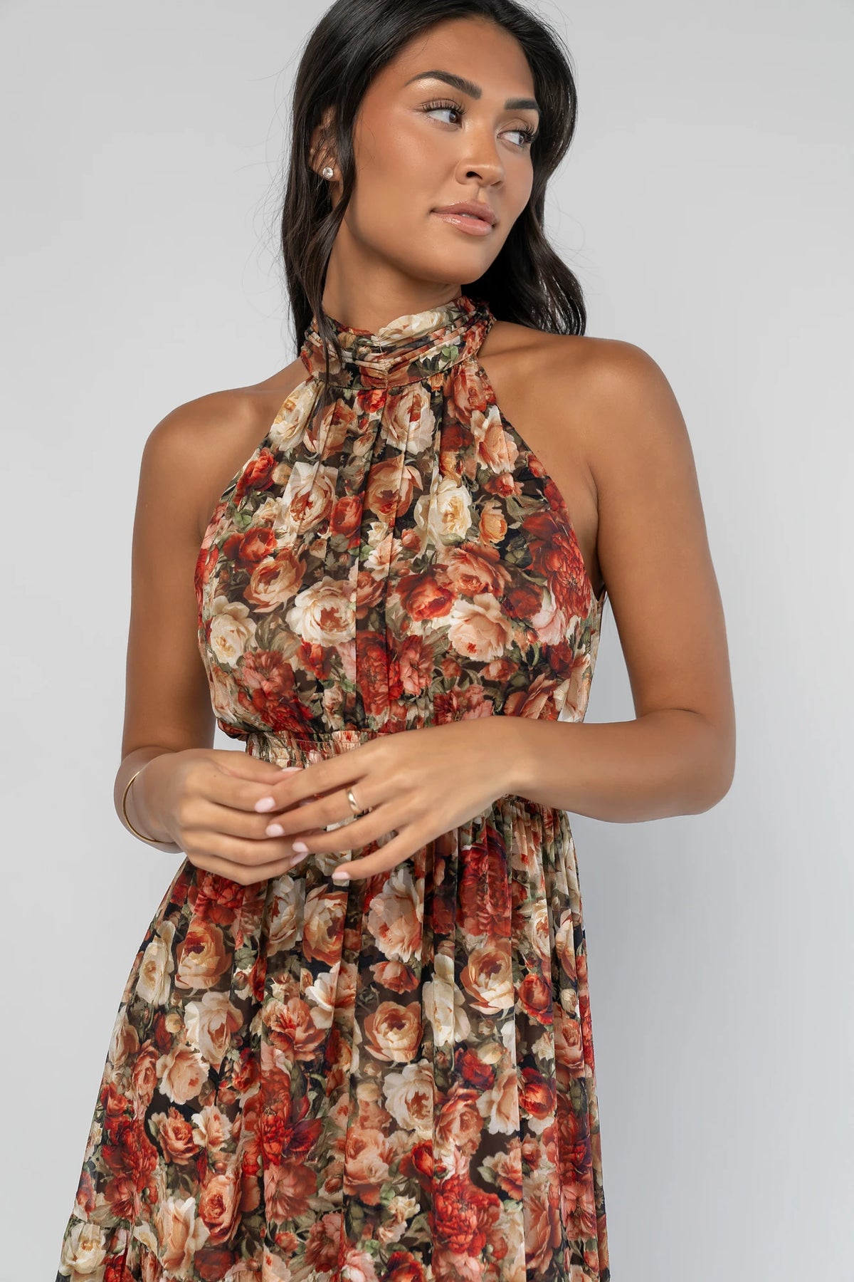 Pulitzer Maxi Dress in Rose Multi with a high halter neckline, textured chiffon, smocked waistband, and tiered maxi skirt.
