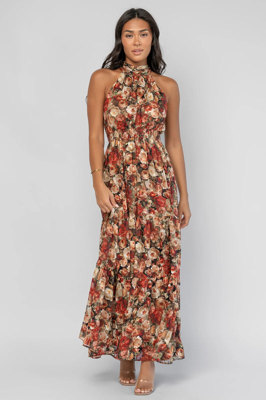 Pulitzer Maxi Dress in Rose Multi with a high halter neckline, textured chiffon, smocked waistband, and tiered maxi skirt.