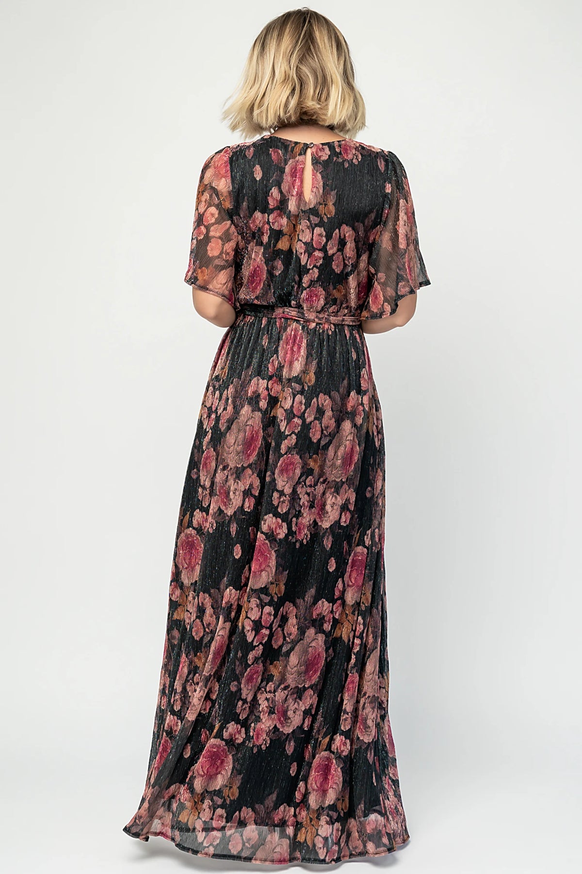 Rachel Maxi Dress in Black + Pink with shimmer florals, surplice neckline, self-tie sash, and leg slit.