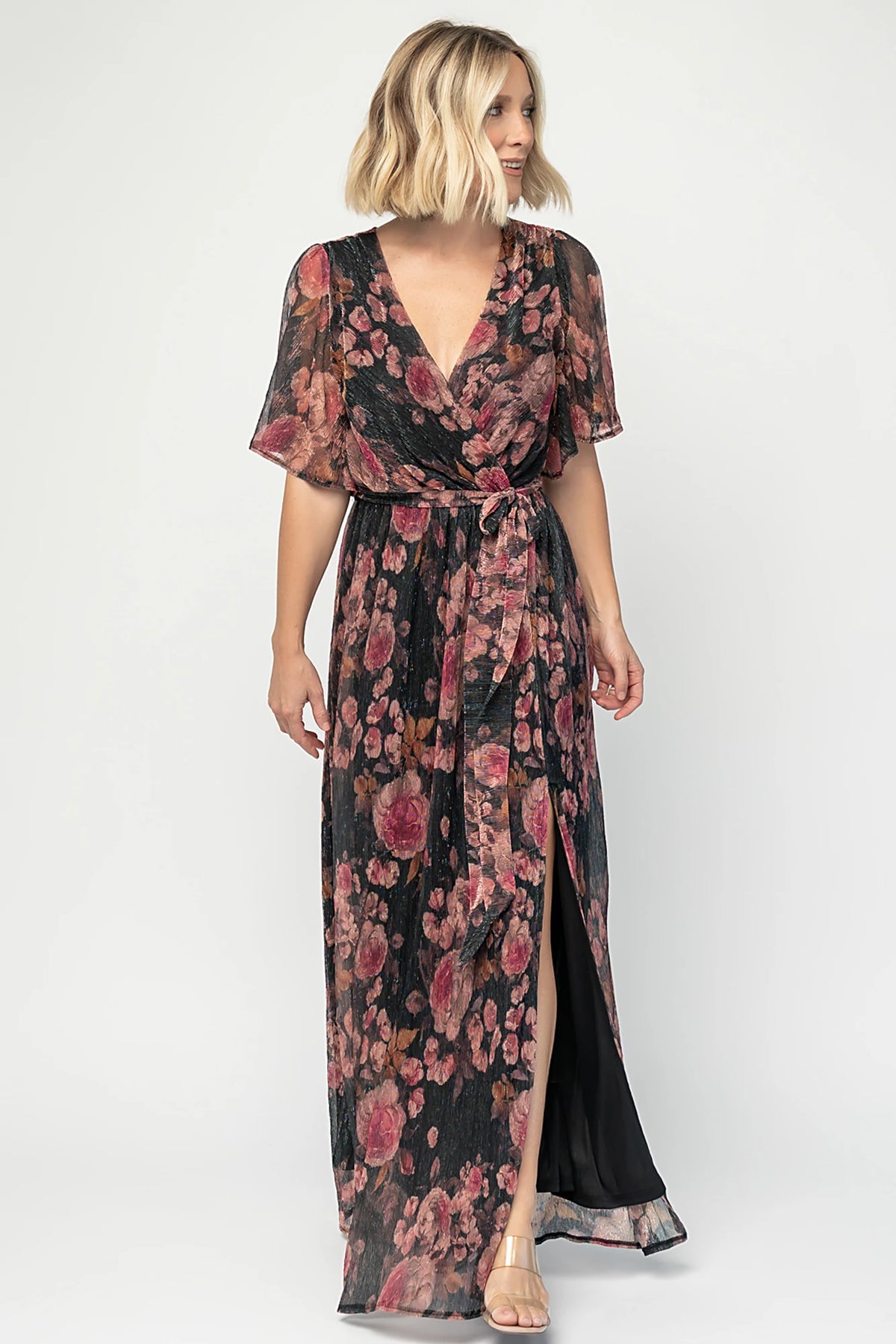 Rachel Maxi Dress in Black + Pink with shimmer florals, surplice neckline, self-tie sash, and leg slit.