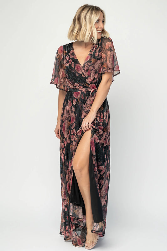 Rachel Maxi Dress in Black + Pink with shimmer florals, surplice neckline, self-tie sash, and leg slit.