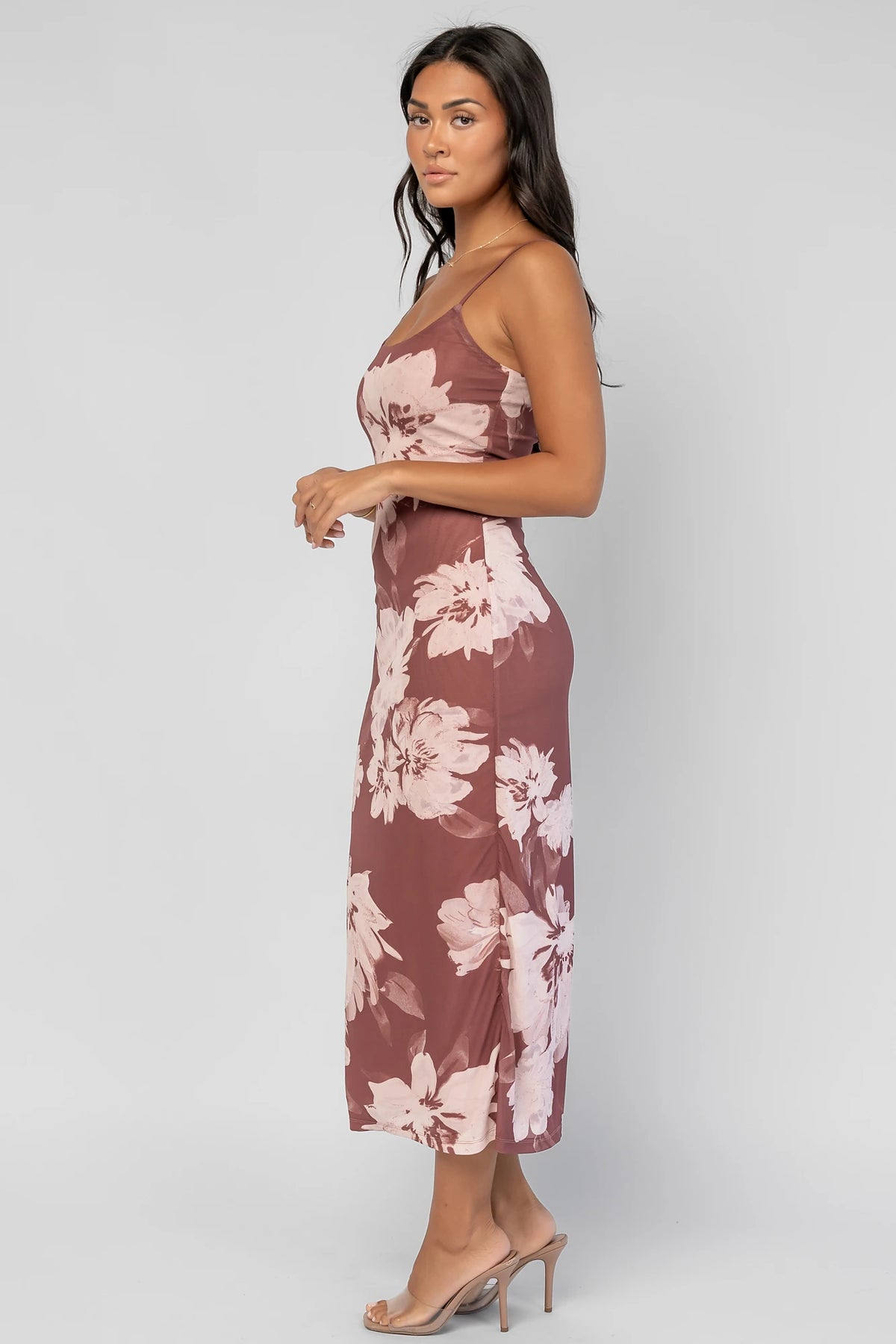 Raelynne Mesh Midi Dress in Dusty Mauve Floral with a scoop neckline, adjustable straps, and a flowing floral print.
