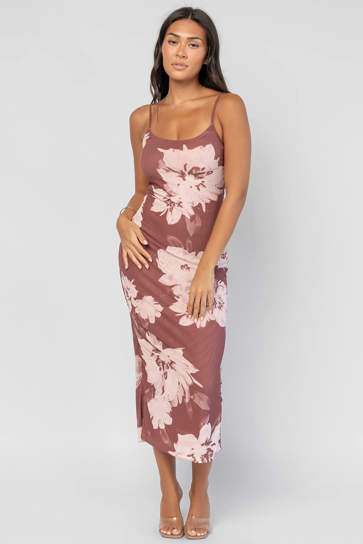 Raelynne Mesh Midi Dress in Dusty Mauve Floral with a scoop neckline, adjustable straps, and a flowing floral print.
