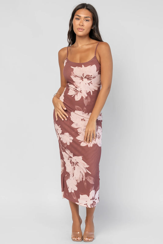 Raelynne Mesh Midi Dress in Dusty Mauve Floral with a scoop neckline, adjustable straps, and a flowing floral print.
