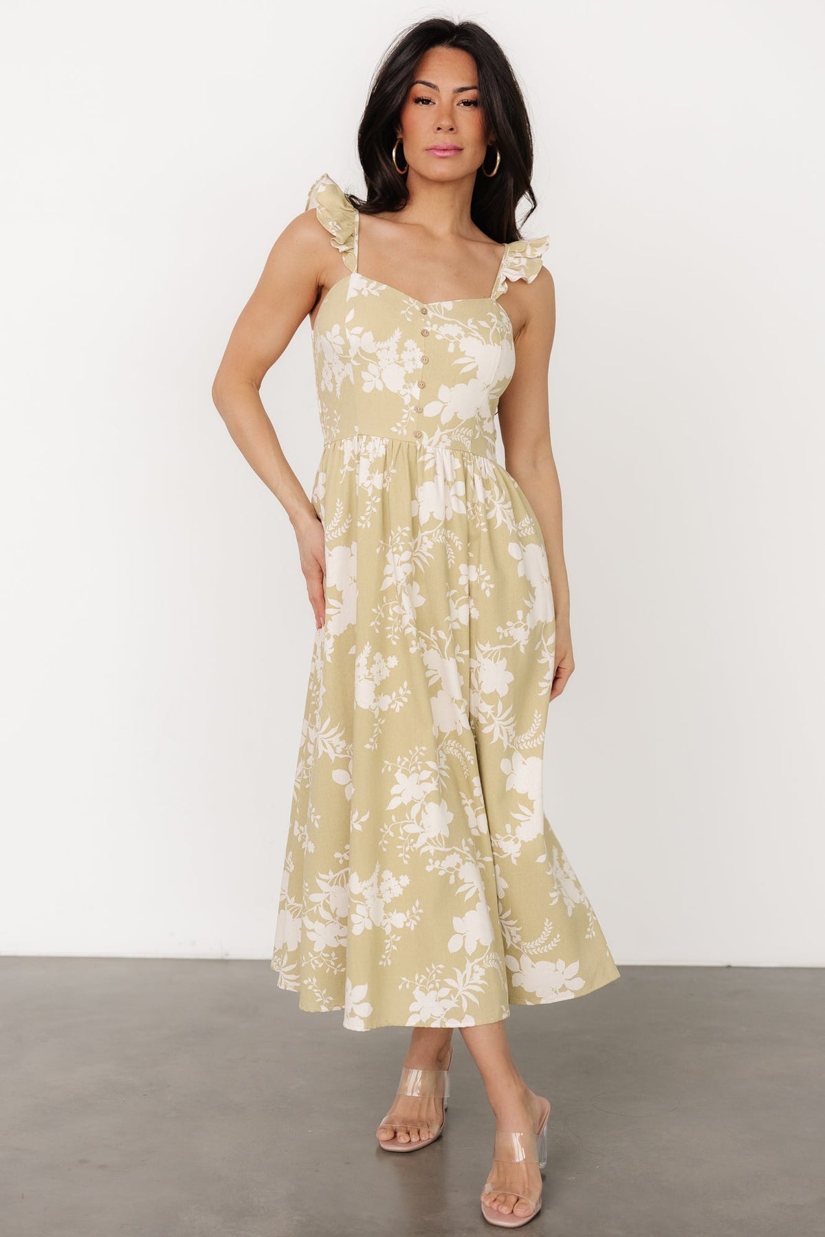 Full-length look of Renna Button Top Dress in vintage sage with lined skirt and soft A-line shape, styled with casual footwear.