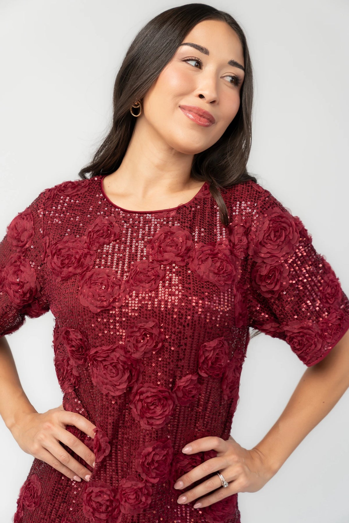 Rhea Sequin Short Dress in Burgundy with sequins, floral appliqué, round neckline, short sleeves, and shift silhouette.