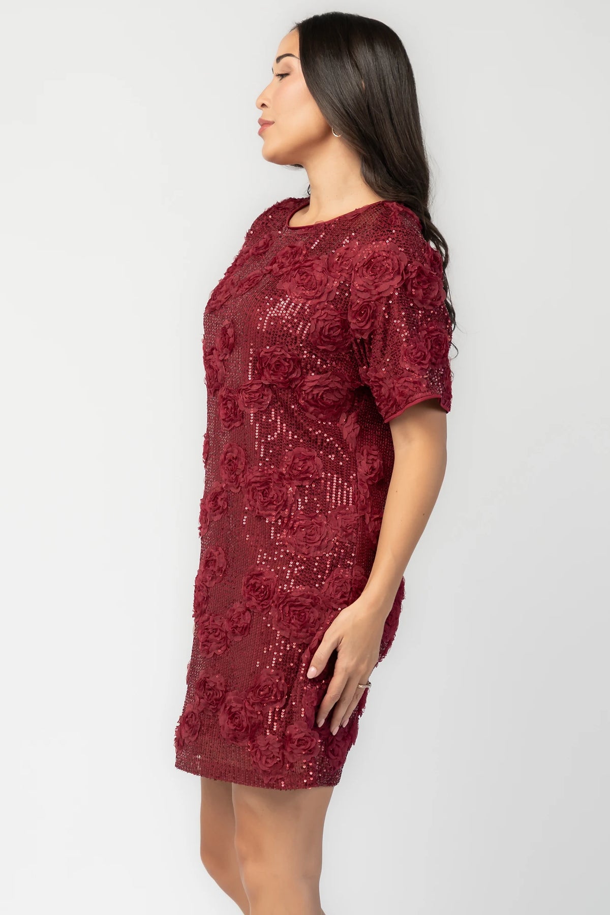 Rhea Sequin Short Dress in Burgundy with sequins, floral appliqué, round neckline, short sleeves, and shift silhouette.