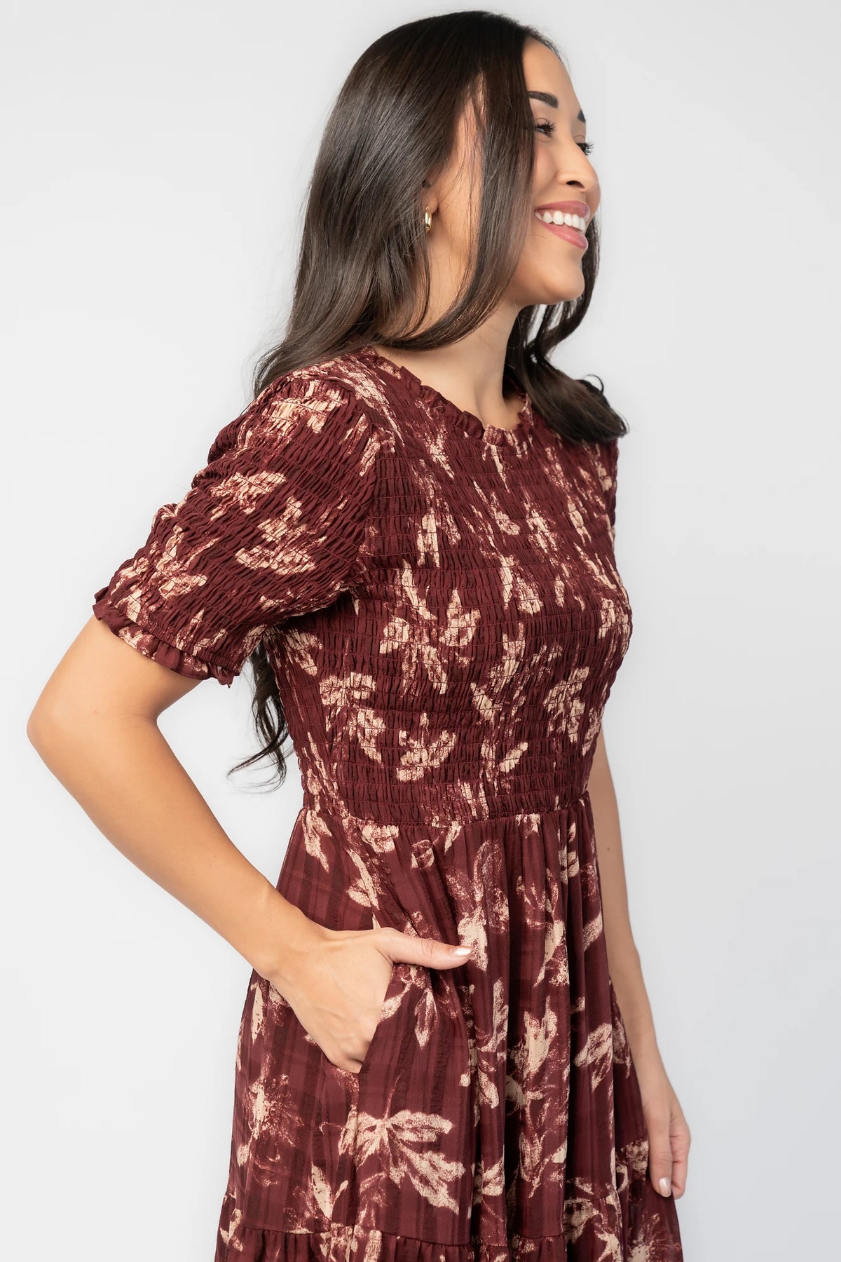 Samantha Smocked Maxi Dress in Dark Berry Print with floral chiffon, round neckline, smocked bodice, and tiered skirt.