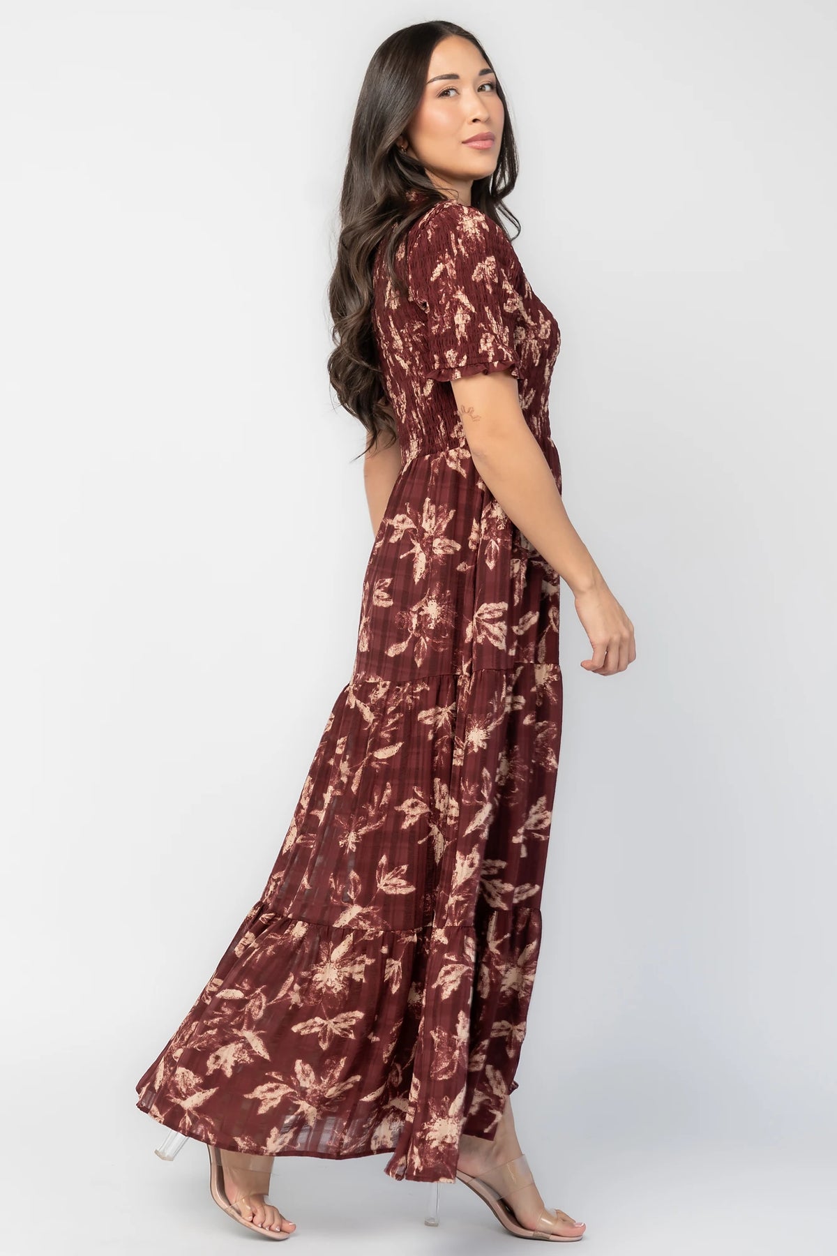 Samantha Smocked Maxi Dress in Dark Berry Print with floral chiffon, round neckline, smocked bodice, and tiered skirt.