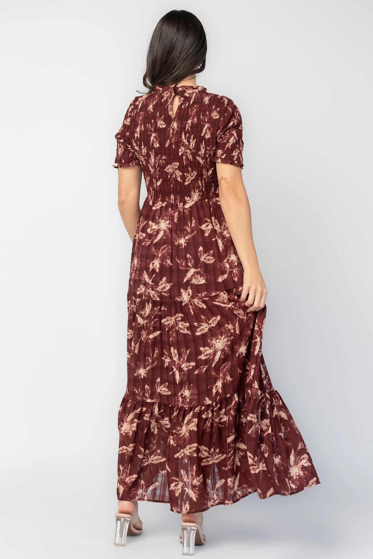 Samantha Smocked Maxi Dress in Dark Berry Print with floral chiffon, round neckline, smocked bodice, and tiered skirt.