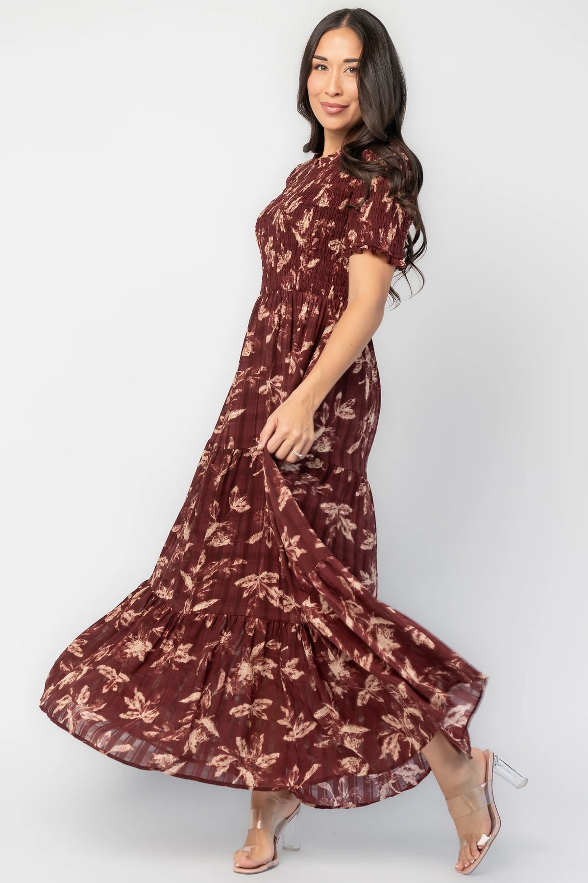 Samantha Smocked Maxi Dress in Dark Berry Print with floral chiffon, round neckline, smocked bodice, and tiered skirt.