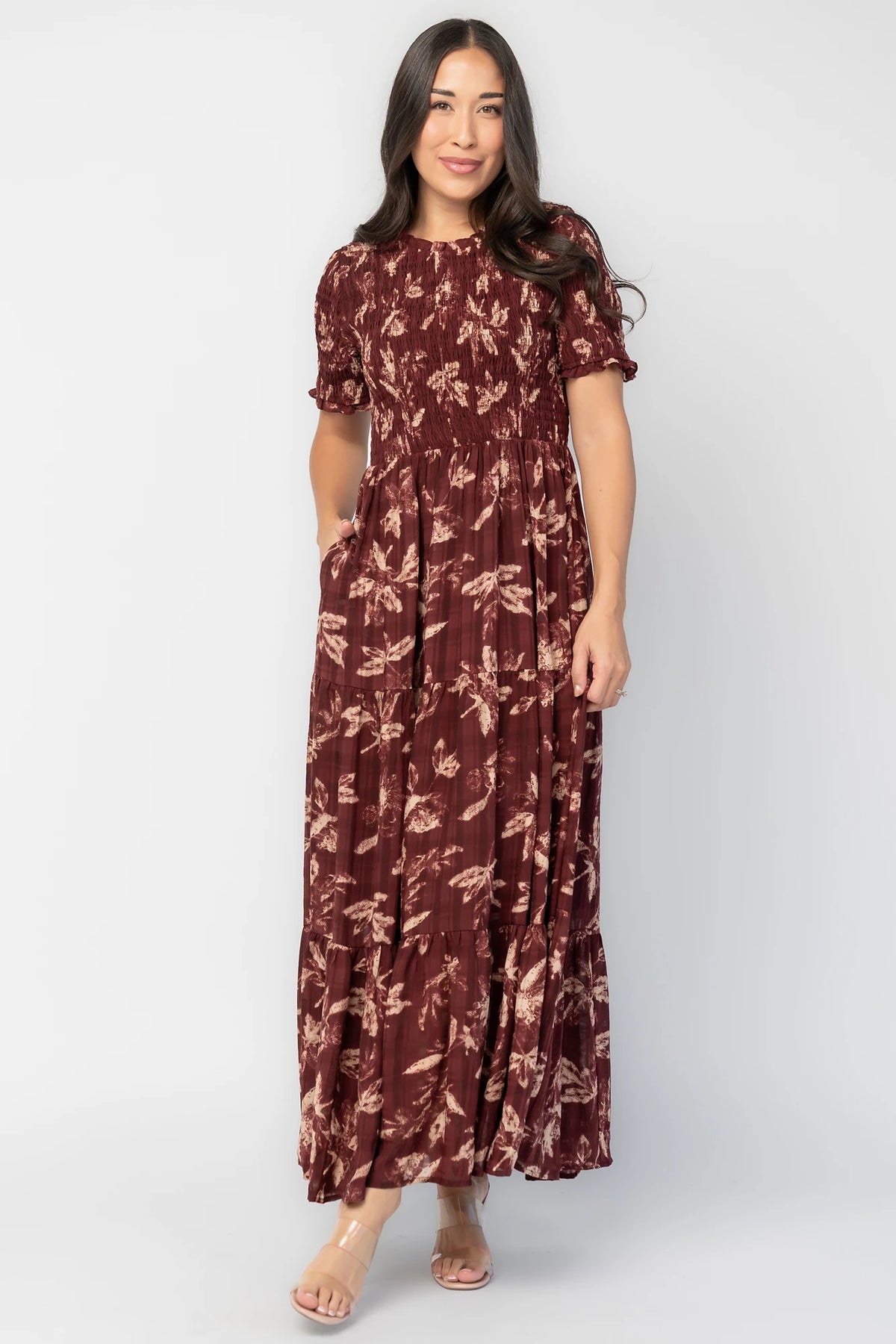 Samantha Smocked Maxi Dress in Dark Berry Print with floral chiffon, round neckline, smocked bodice, and tiered skirt.