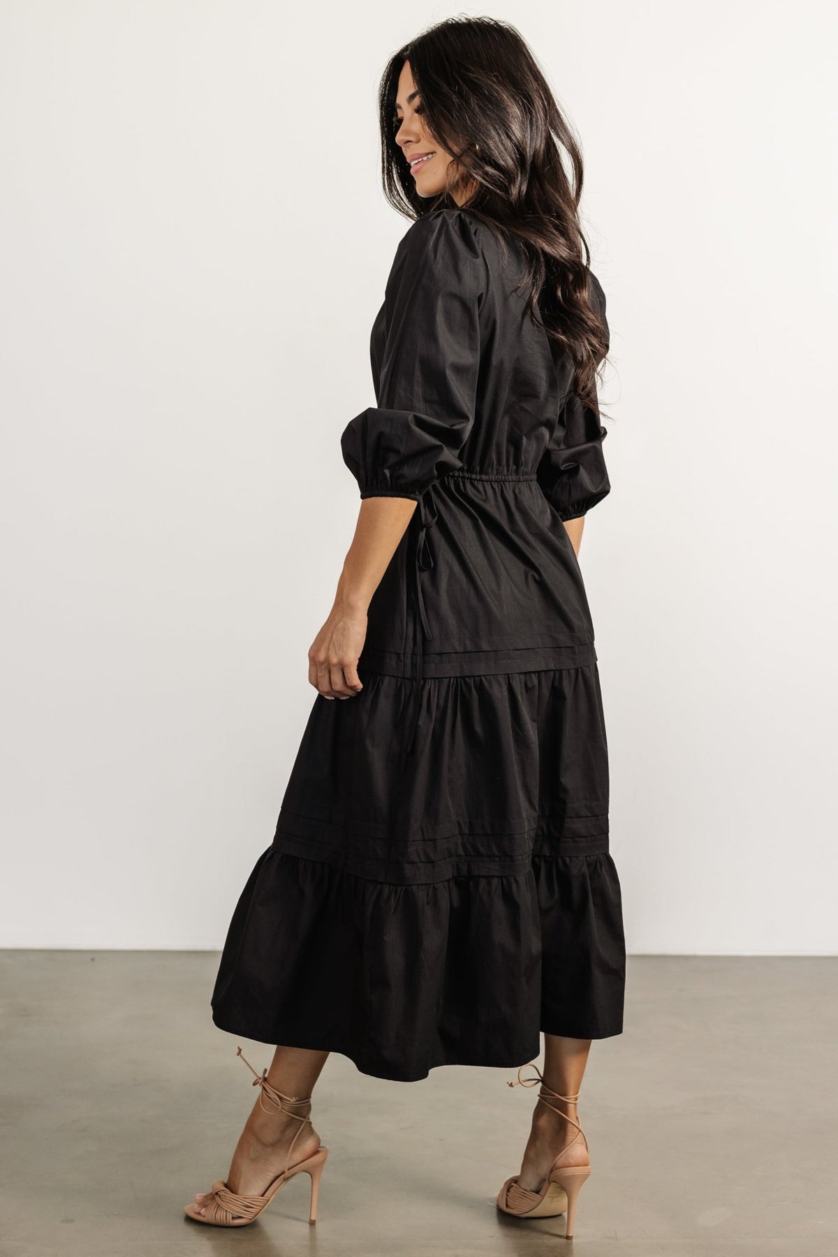 Studio flat-lay of Santa Fe Poplin Midi Dress in black highlighting the crisp poplin fabric, notched V-neck and tiered silhouette for an easy, polished look.