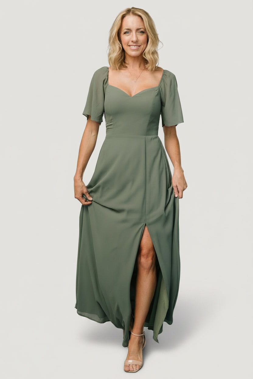 Sierra Sweetheart Maxi Dress in dark sage — full-length front view on model showing sweetheart neckline and flowing chiffon skirt.