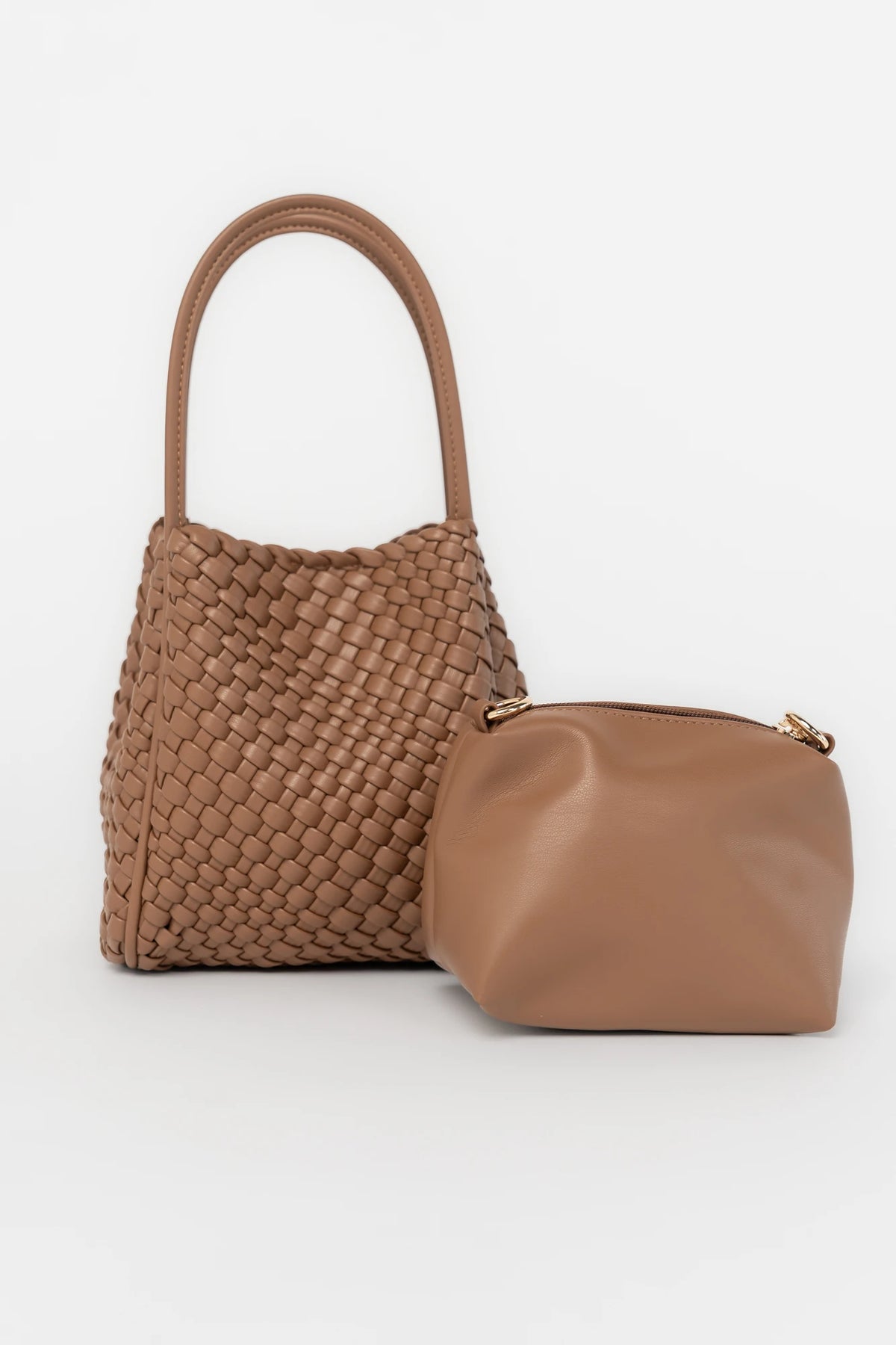 Simone Woven Tote Bag in Cognac with removable shoulder straps, matching coin pouch, button closures, and convertible shape.