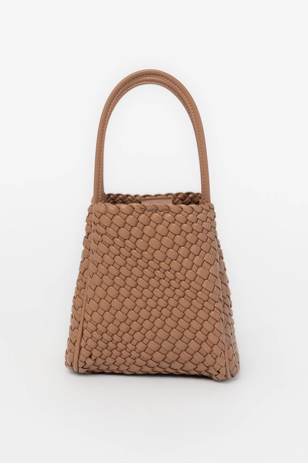 Simone Woven Tote Bag in Cognac with removable shoulder straps, matching coin pouch, button closures, and convertible shape.