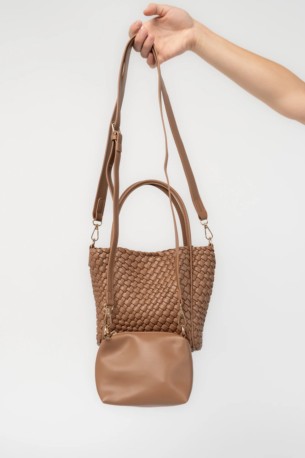 Simone Woven Tote Bag in Cognac with removable shoulder straps, matching coin pouch, button closures, and convertible shape.