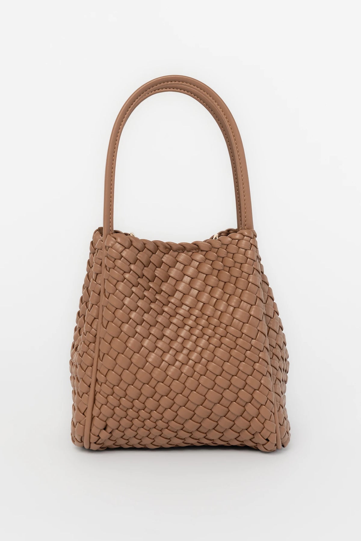 Simone Woven Tote Bag in Cognac with removable shoulder straps, matching coin pouch, button closures, and convertible shape.