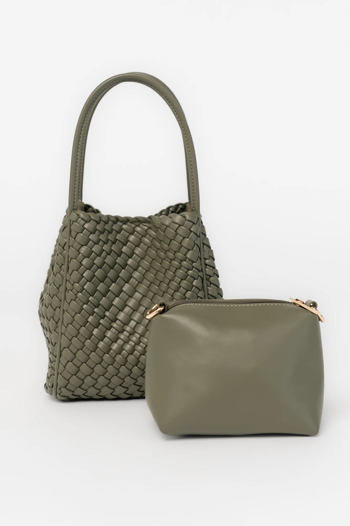 Simone Woven Tote Bag in Dark Olive with removable shoulder straps, matching coin pouch, button closures, and convertible shape.