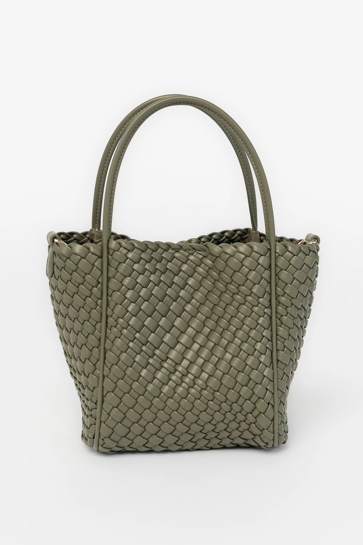 Simone Woven Tote Bag in Dark Olive with removable shoulder straps, matching coin pouch, button closures, and convertible shape.