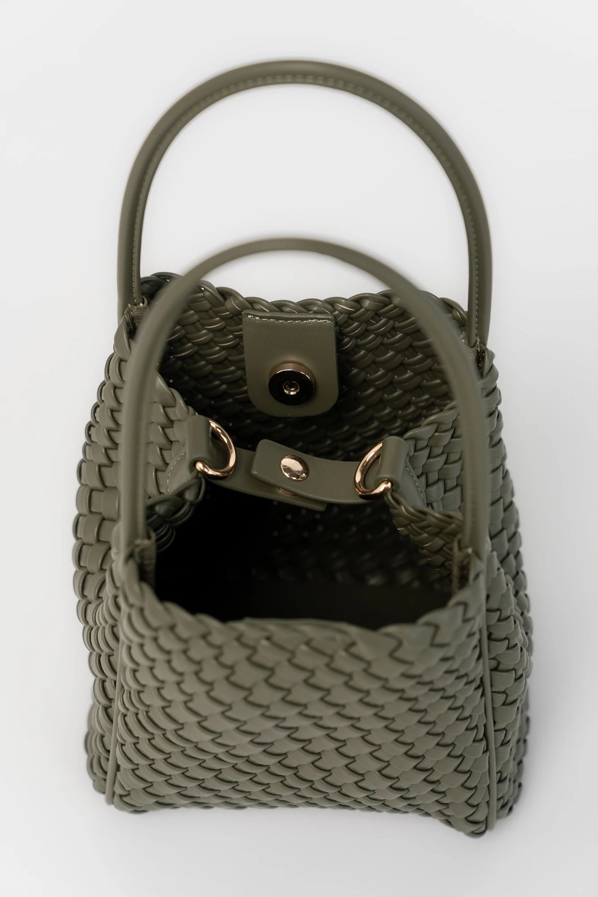 Simone Woven Tote Bag in Dark Olive with removable shoulder straps, matching coin pouch, button closures, and convertible shape.