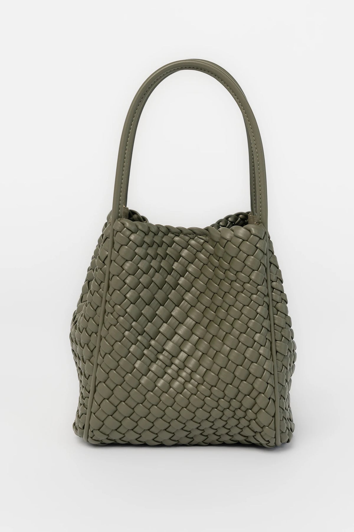Simone Woven Tote Bag in Dark Olive with removable shoulder straps, matching coin pouch, button closures, and convertible shape.