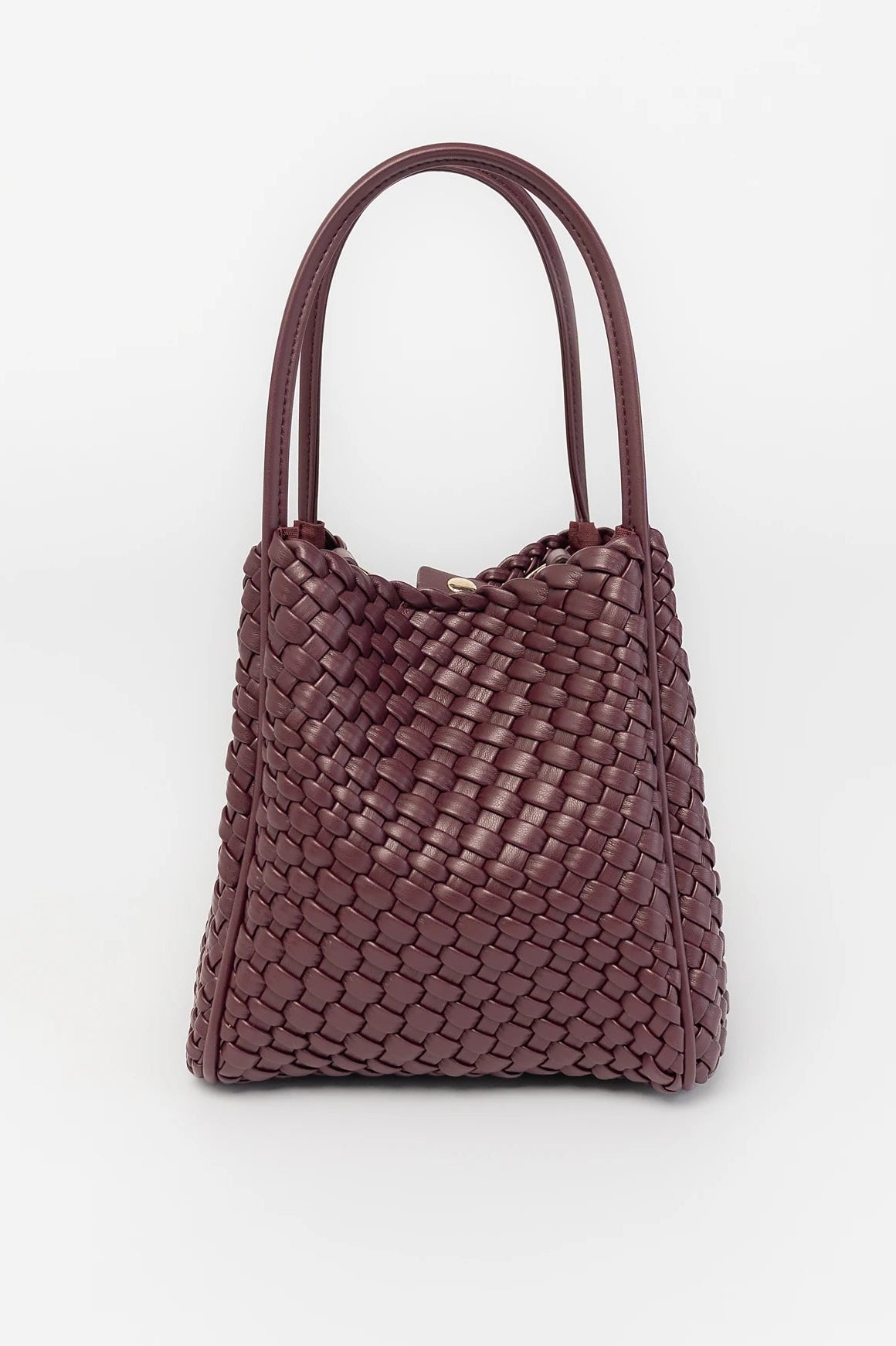 Simone Woven Tote Bag in Wine with removable shoulder straps, matching coin pouch, button closures, and convertible shape.